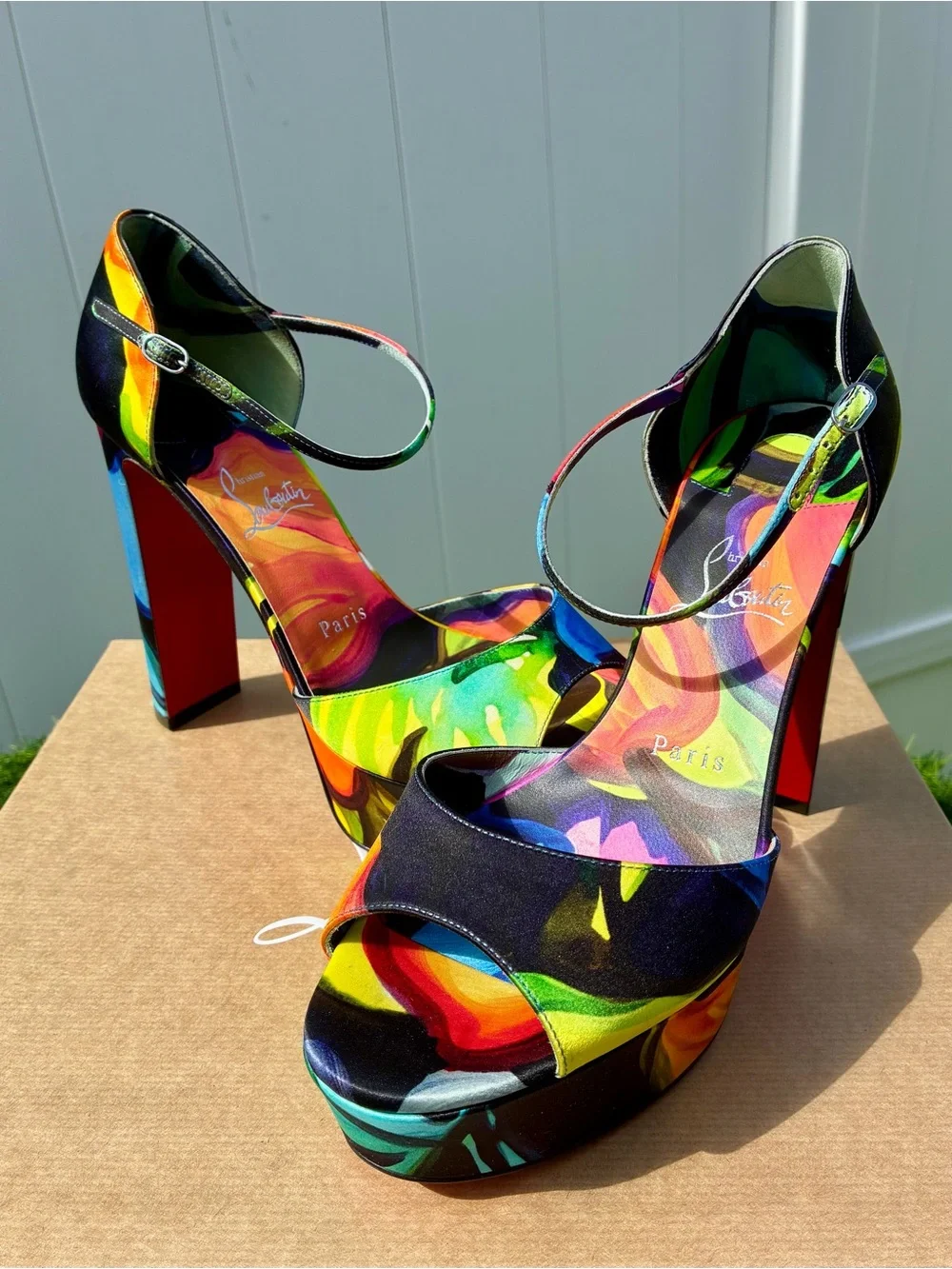 CHRISTIAN LOUBOUTIN SANDALOO BLACK MULTICOLOR SATIN LEATHER PLATFORM SANDAL SZ39